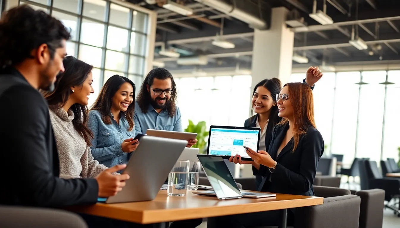 diverse professionals collaborating using mobile apps in a modern office.