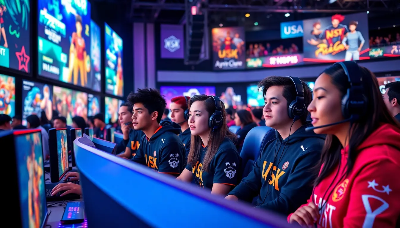 diverse gamers competing in an esports tournament setting.
