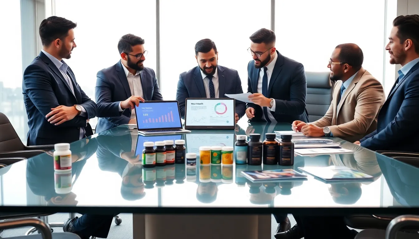 diverse men discussing health products in a modern office setting.