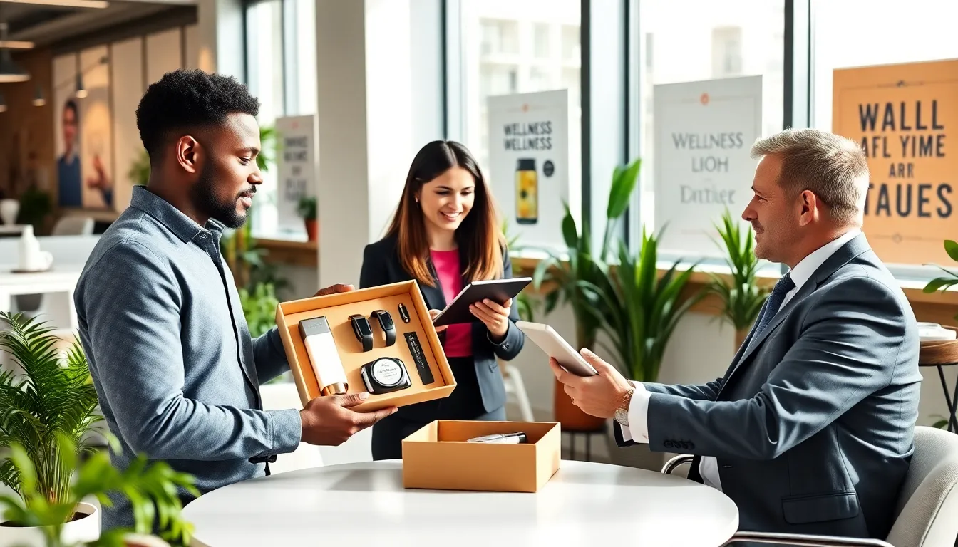 diverse professionals discussing wellness gifts in a modern office.