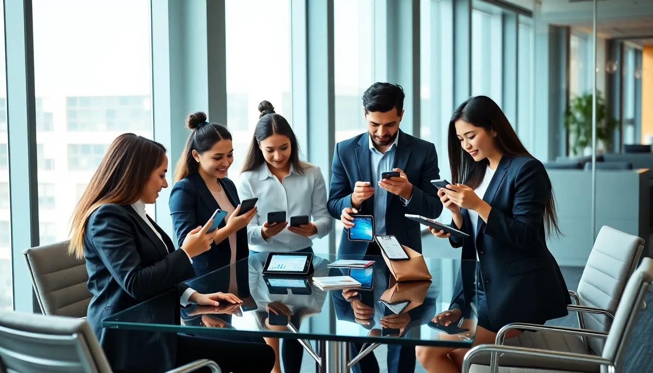 diverse team using mobile business apps in a modern office.