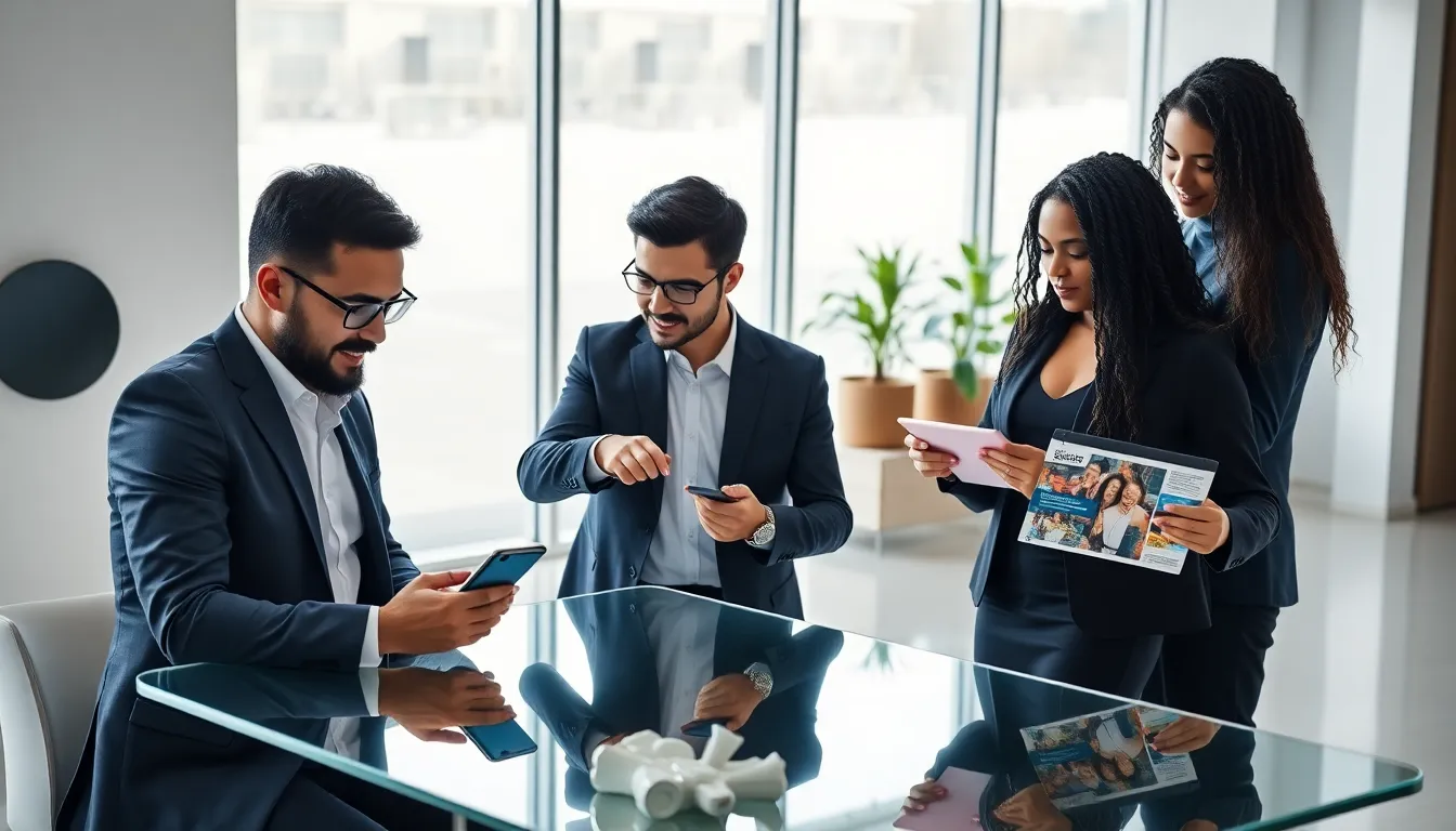 diverse professionals collaborating with mobile content management apps.