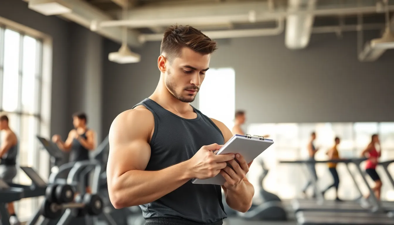 fit male writing down fitness goals in a modern gym.