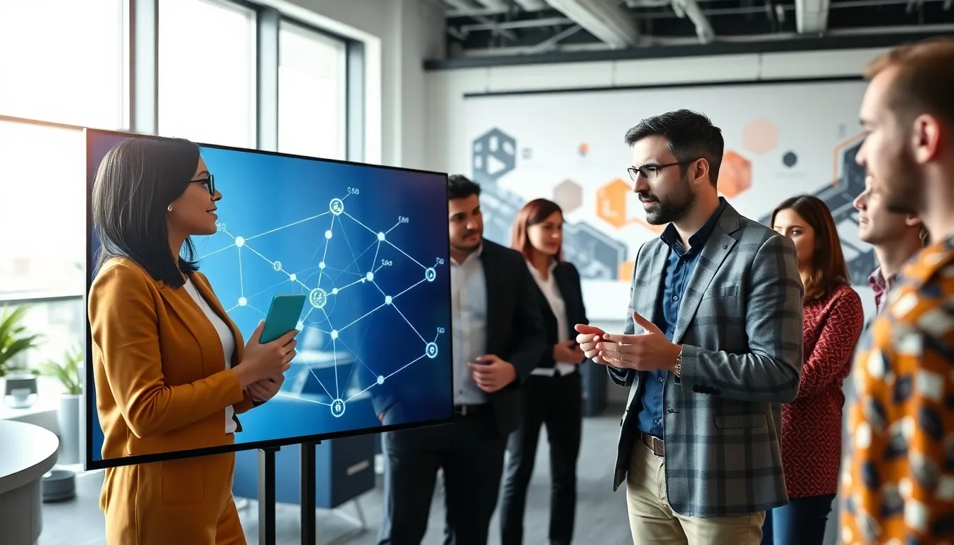 diverse team discussing blockchain technology in a modern office.