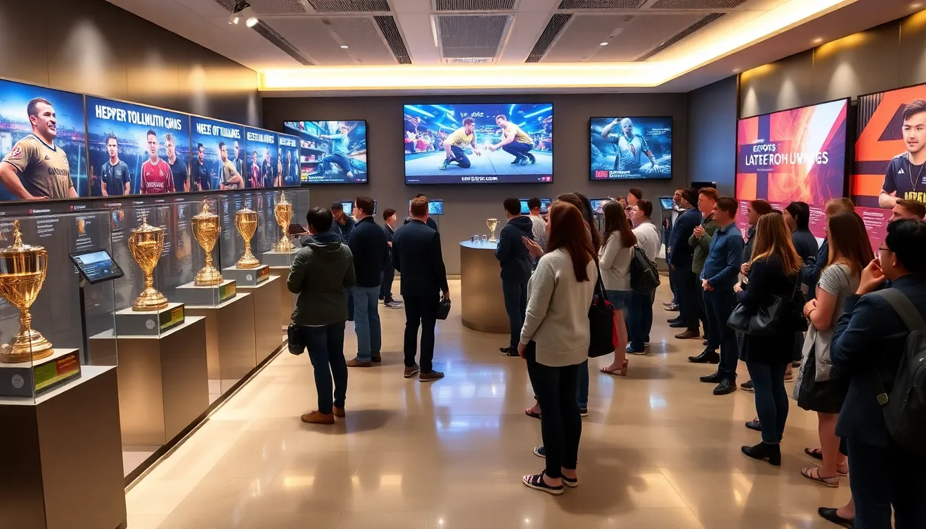 visitors exploring the Esports Hall of Fame with trophies and displays.
