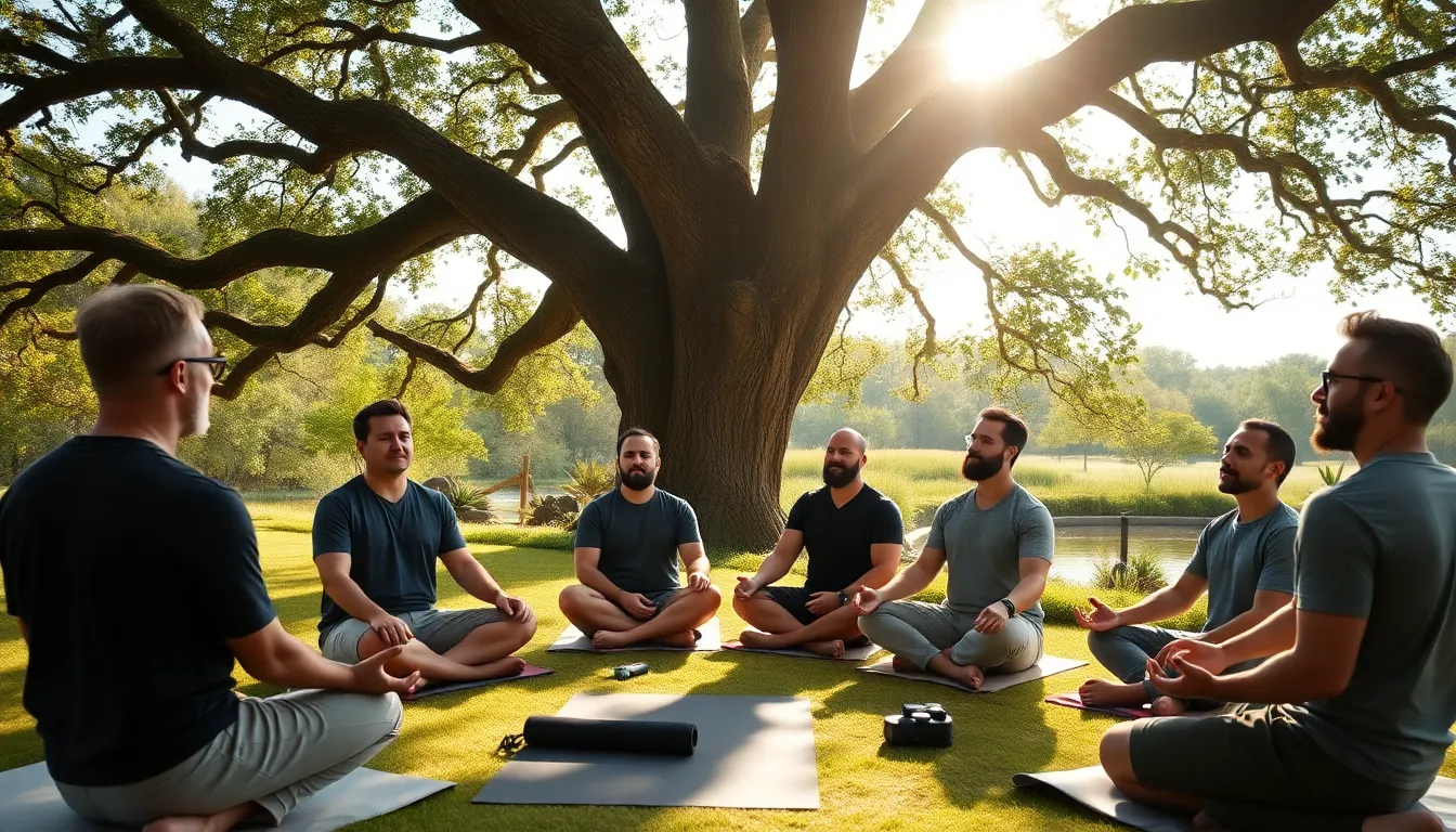 men participating in a mindfulness session at a wellness retreat.