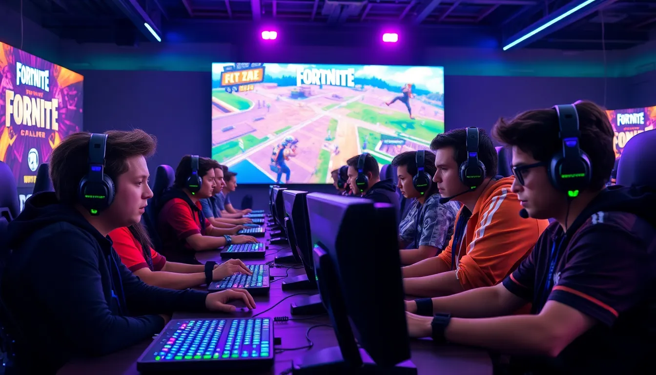 diverse gamers competing in a Fortnite esports arena.