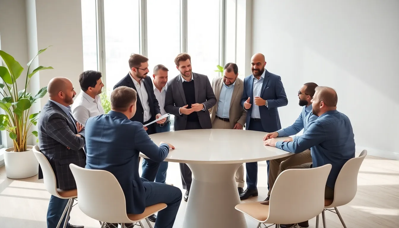 diverse group of men discussing wellness in a modern office.