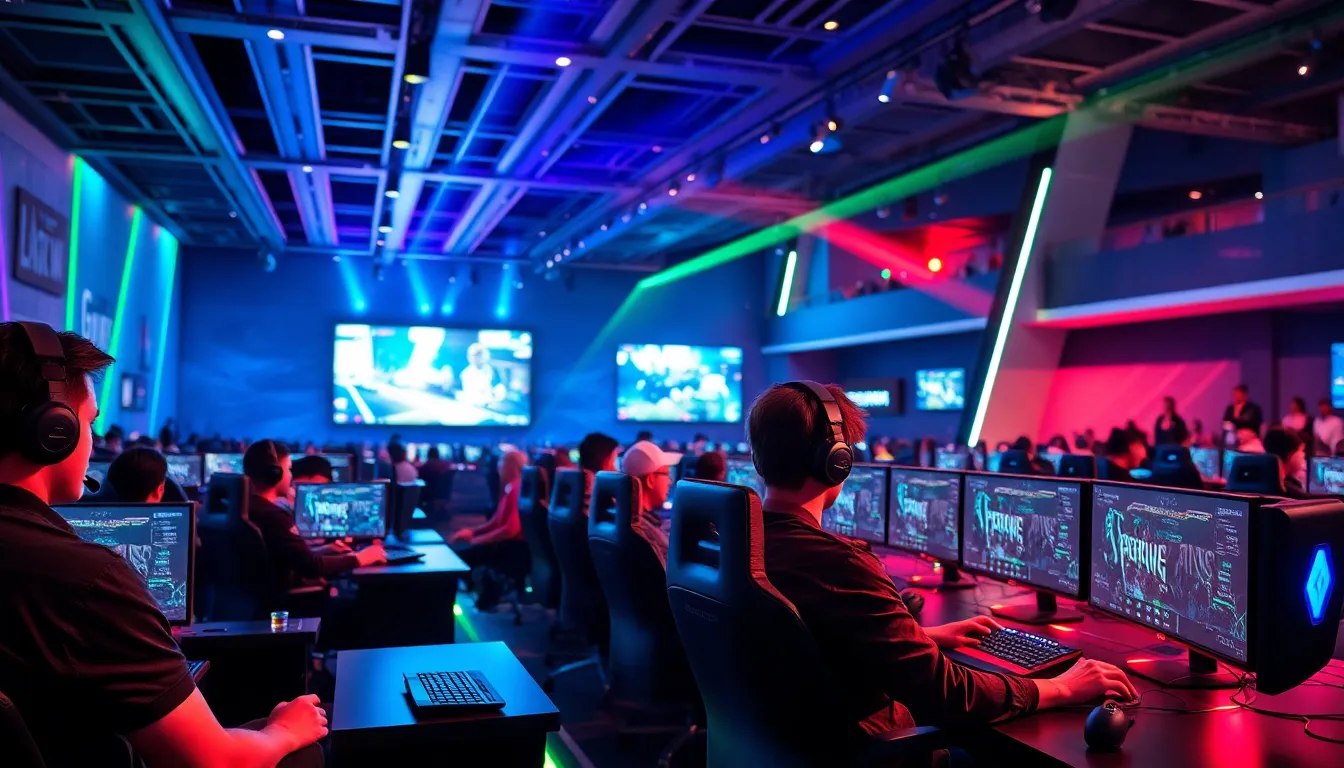 modern esports arena with gamers and advanced technology.