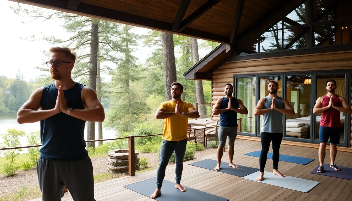 group of men practicing yoga at a wellness retreat in nature.