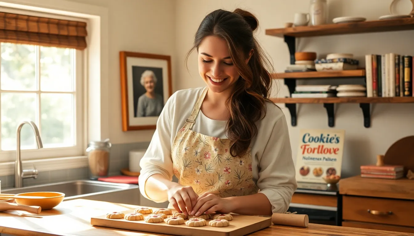 A woman decorating cookies in a sunlit kitchen with a family photo in the background.