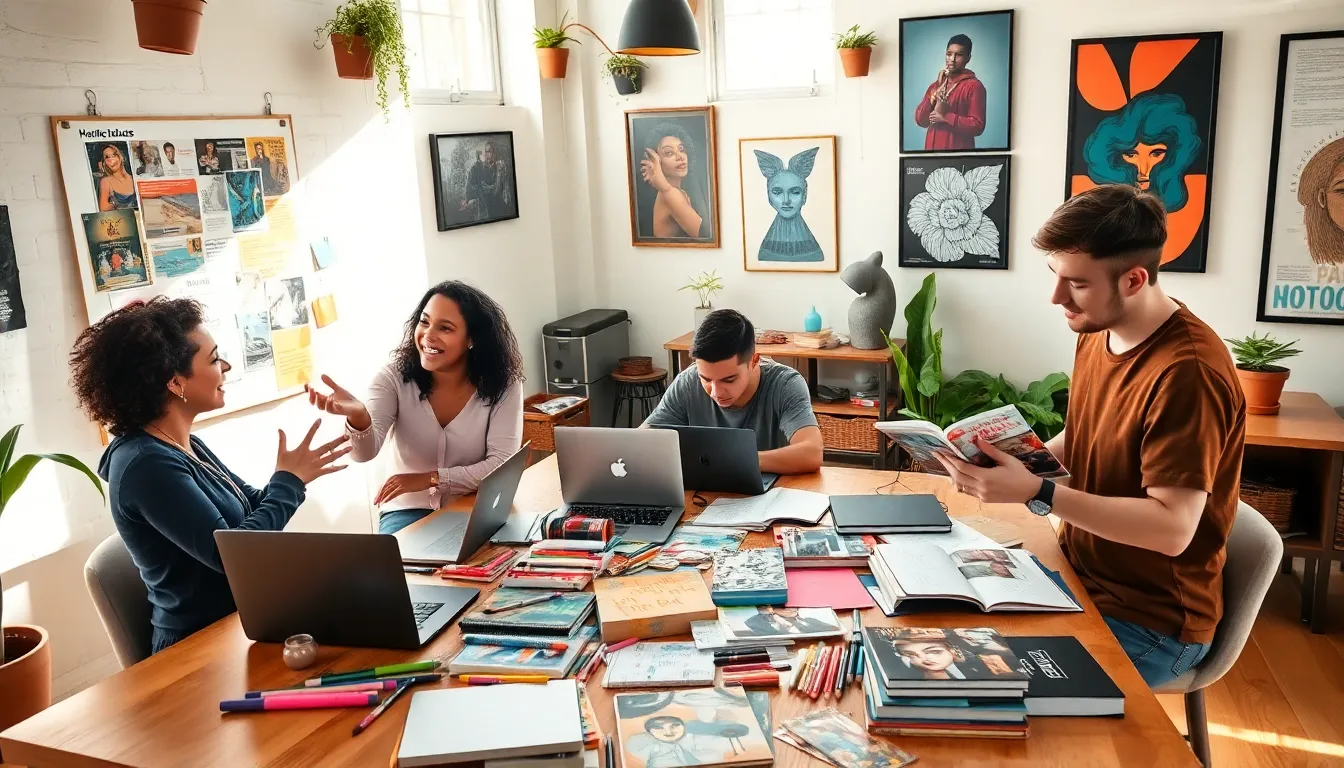 a diverse group collaborating on artistic projects in a bright workspace.